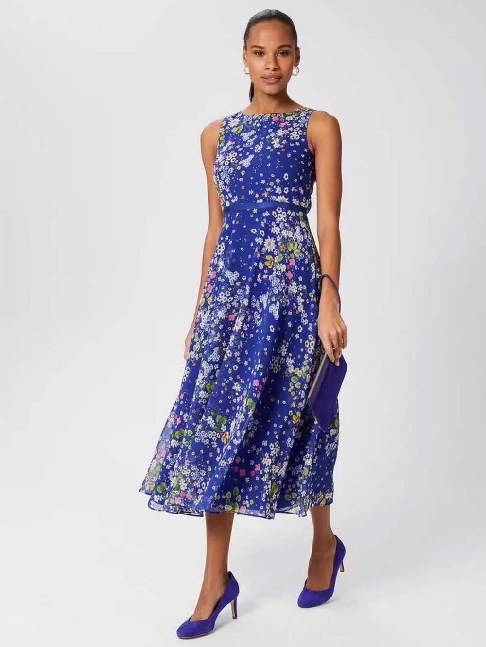 HOBBS London Carly Floral Fit And Flare Dress in Cobalt Multi Print 10 NWOT